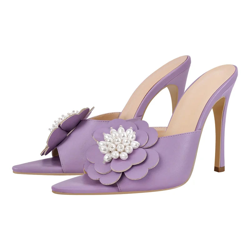 Women Peep Toe Mules Flower Pearl Pointed Toe Big Size Stiletto Mules