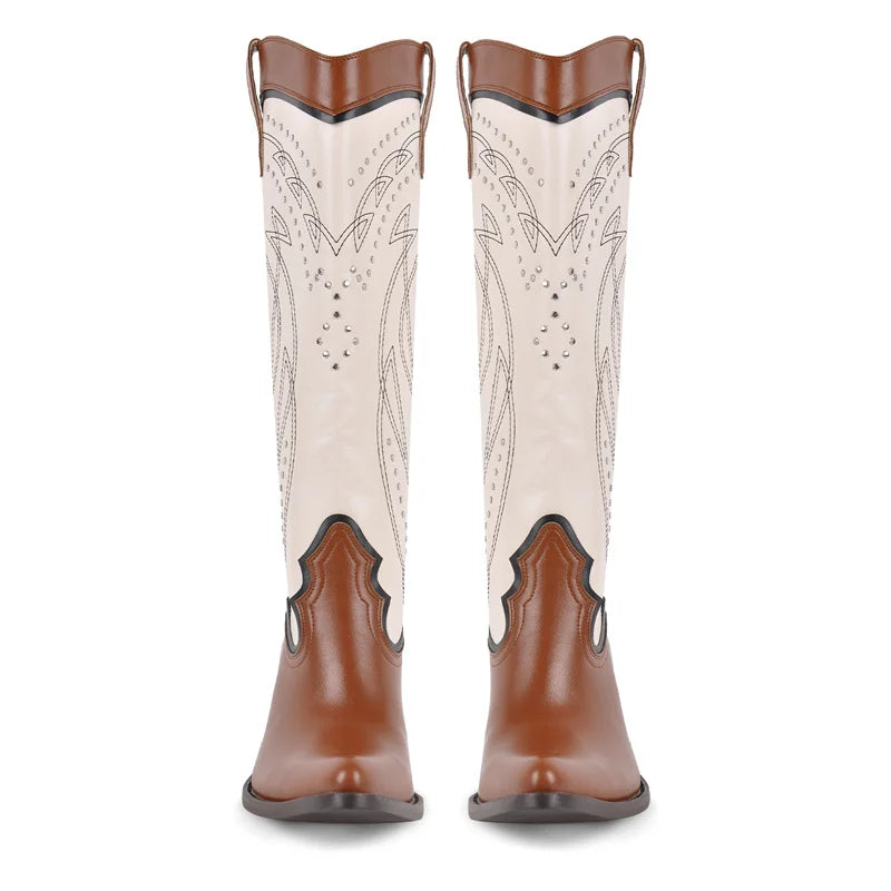 Onlymaker Women Pointed Toe  Embroidery Cowboy Boots Mid Calf  Western Cowgirl Boots