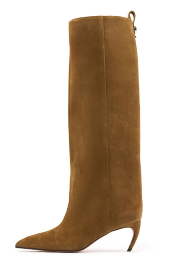 Women's new slim fit high heels knee high boots, fashionable pointed boots for women, autumn and winter mid length women's boots