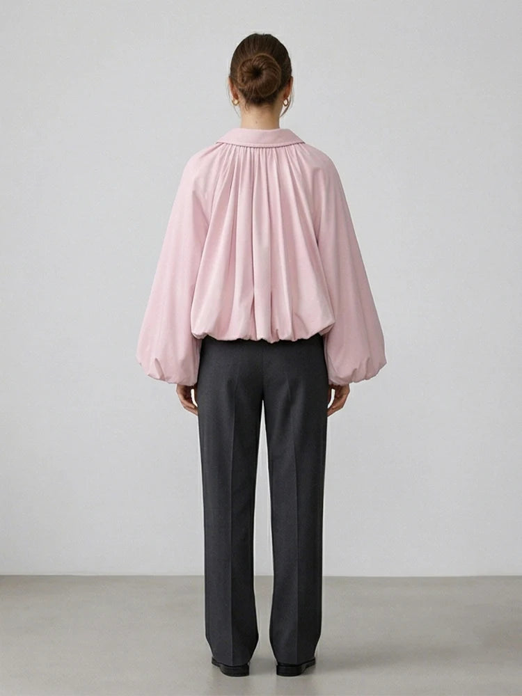 Women Fashion Pink Front Zipper Pleated Loose Bomber Jackets Vintage Lapel Neck Long Sleeves Female Chic Lady Outfits