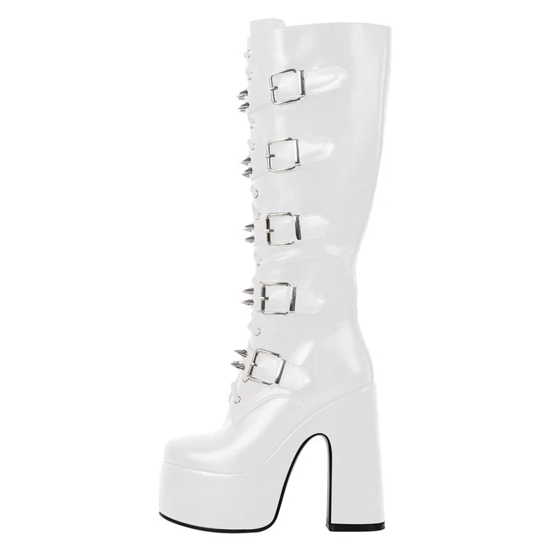 Onlymaker Round Toe Platform Boots Chunky Heel Buckle Gothic Boots Side Zipper Rock Couples Cosplay Biker Punk Boots