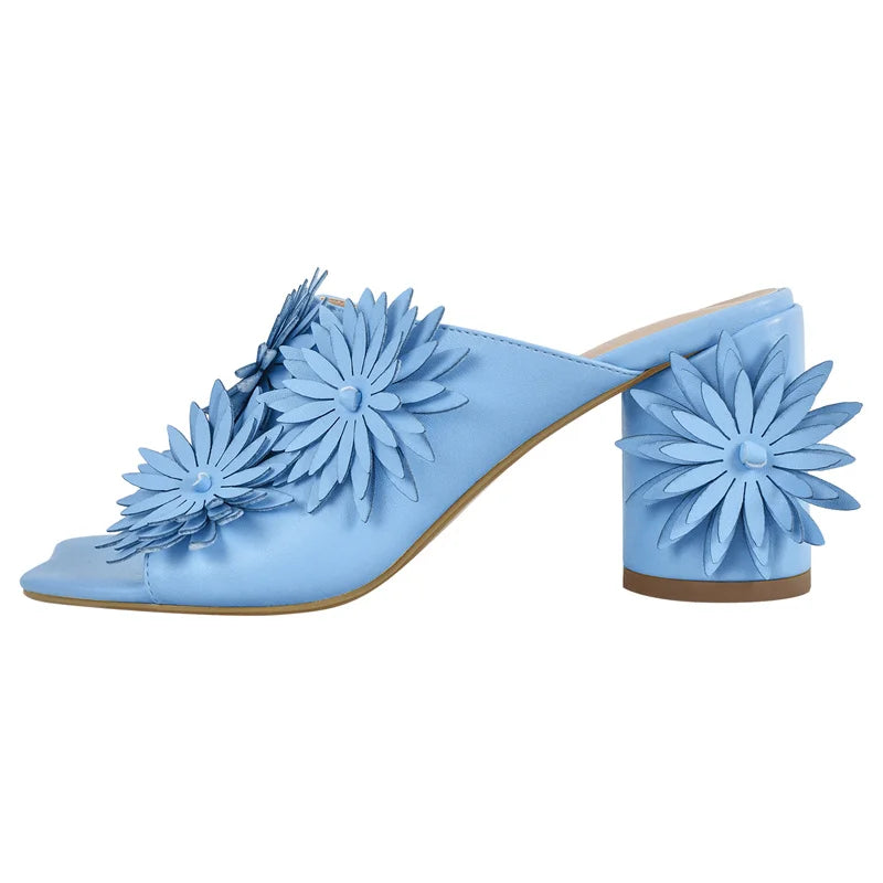 Women Square Toe Flower Mules Chunky Heels Slip On Summer Sandals