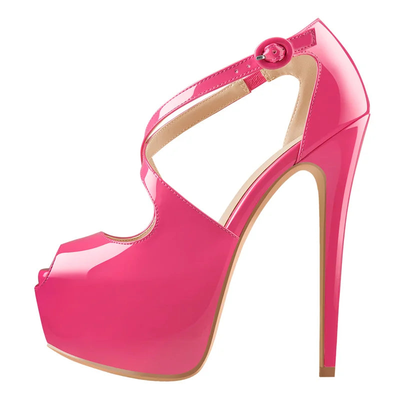 Women Peep Toe Platform Cross Strap Heels 16cm Thin High Heel Sexy Wedding Party Dress Stilettos Big Size Pumps