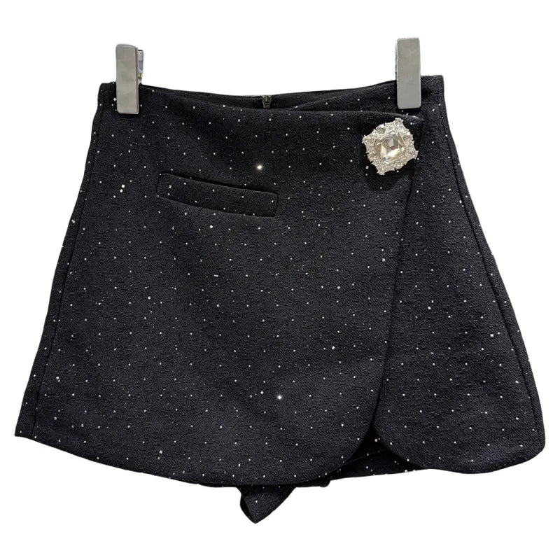 2025 Autumn New Fashion Rhinestone Diagonal Hem Shorts Skirts For Women Elegant Versatile A-line Short Pant Female 11A05878