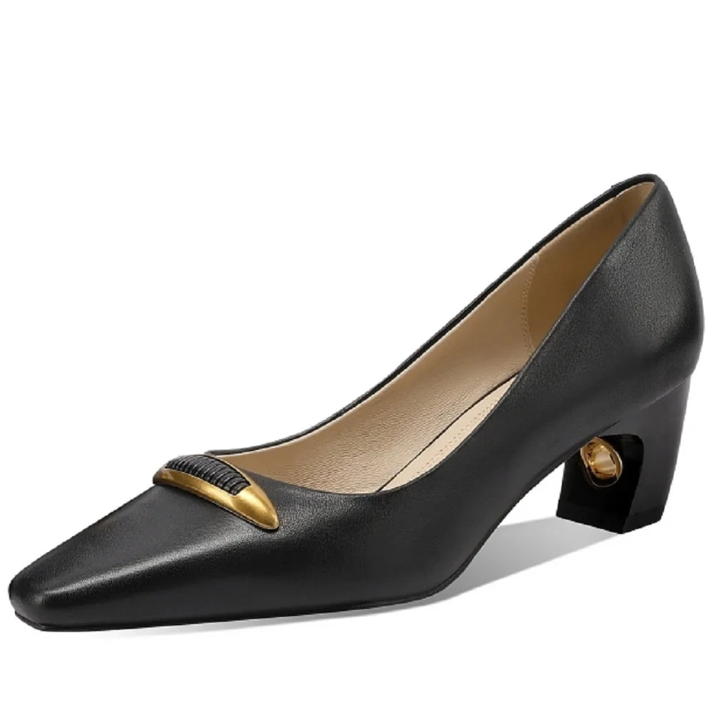 Women Handmade Genuine Leather Shoes Female Mid Heels Square Toe Shallow Office Lady Tacones Career Capable 33-43