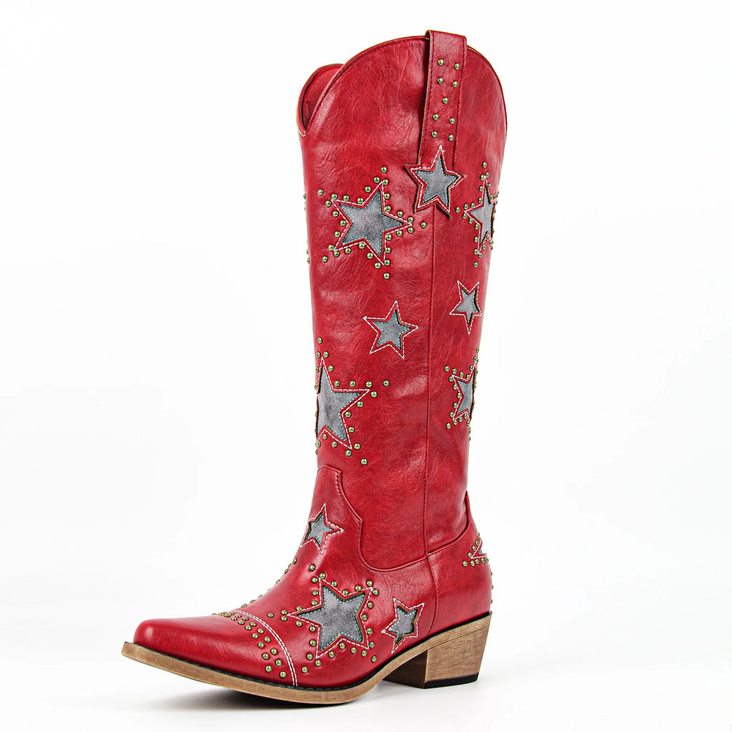 Onlymaker Women Embroidery Star Western Cowgirl Boots Pointed Toe Side Zipper Knee High with Chunky Heel  Boots