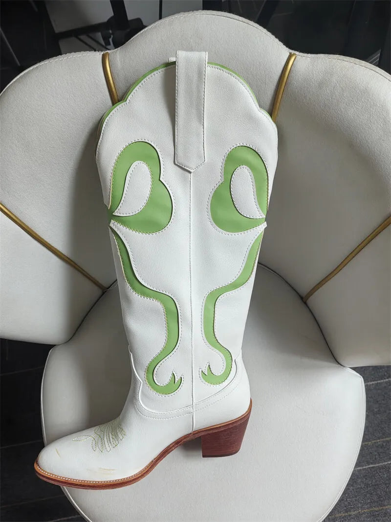 Onlymaker Women White  Pull-on Knee High Cowgirl Boots with Bow  Big Size Comfy Women Cowboy Boots