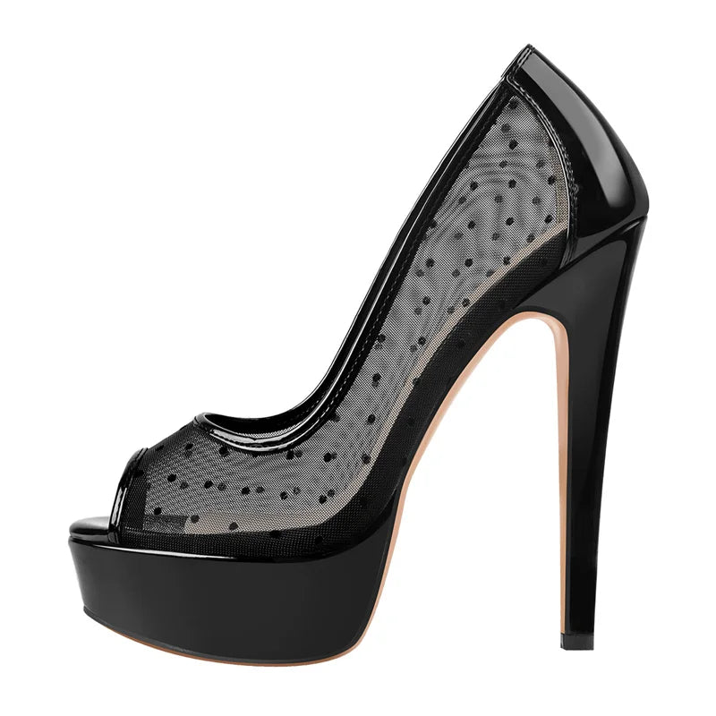Women Black Platform Peep Toe Mesh Spike Pumps Sandals Thin High Heel  Big Size Buckle Strap Party Shoes