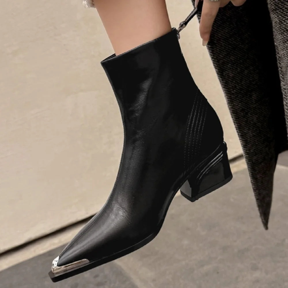 New Style Handmade Genuine Leather Pointed Toe Ankle Boot Slimming Stylish Casual High Heel Bestseller 33-40