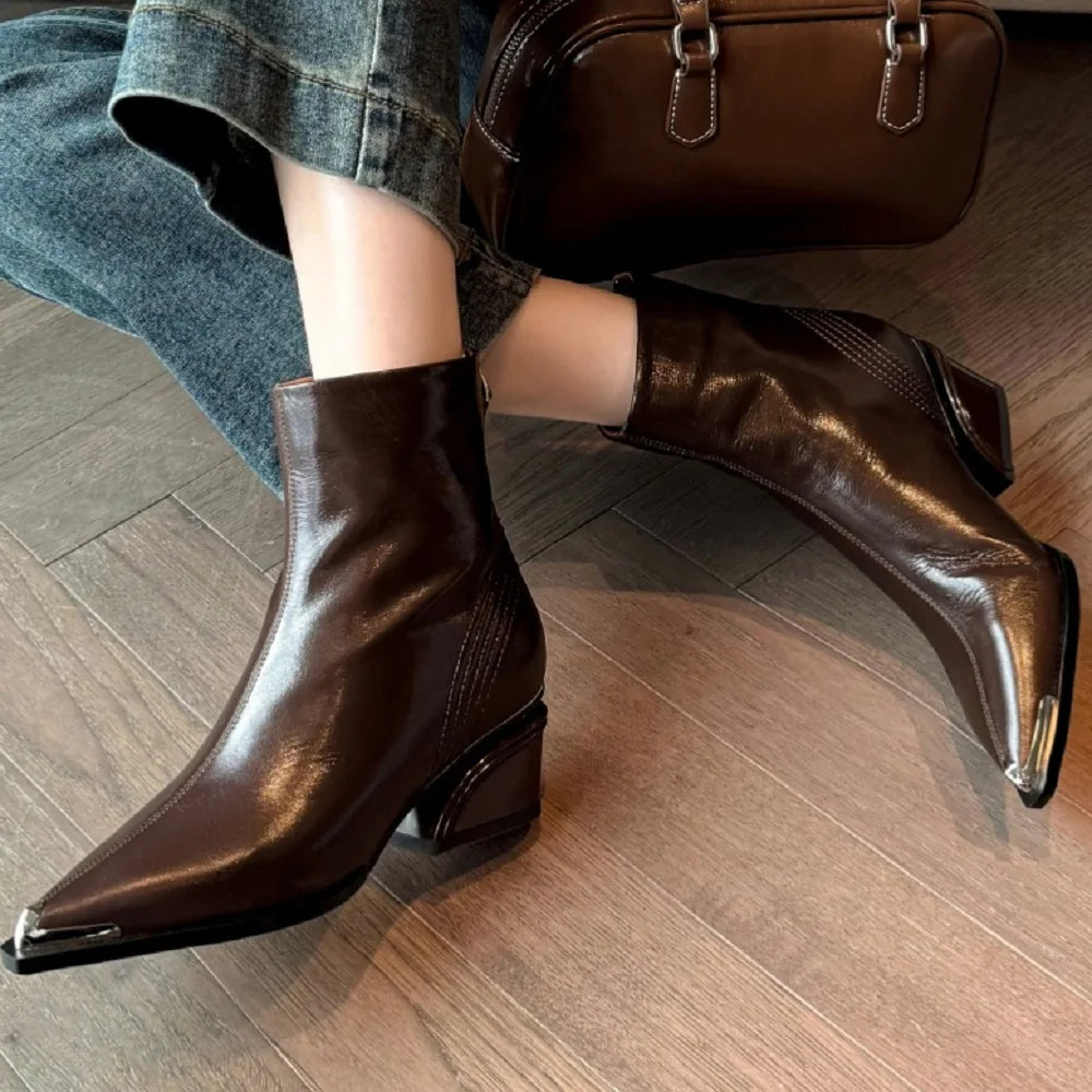 New Style Handmade Genuine Leather Pointed Toe Ankle Boot Slimming Stylish Casual High Heel Bestseller 33-40