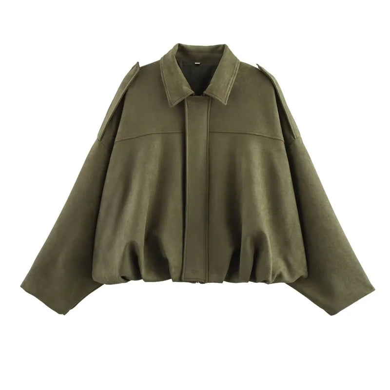 2025  Spring new women's suede texture effect Loose version of fashion lapel shoulder bomber jacket