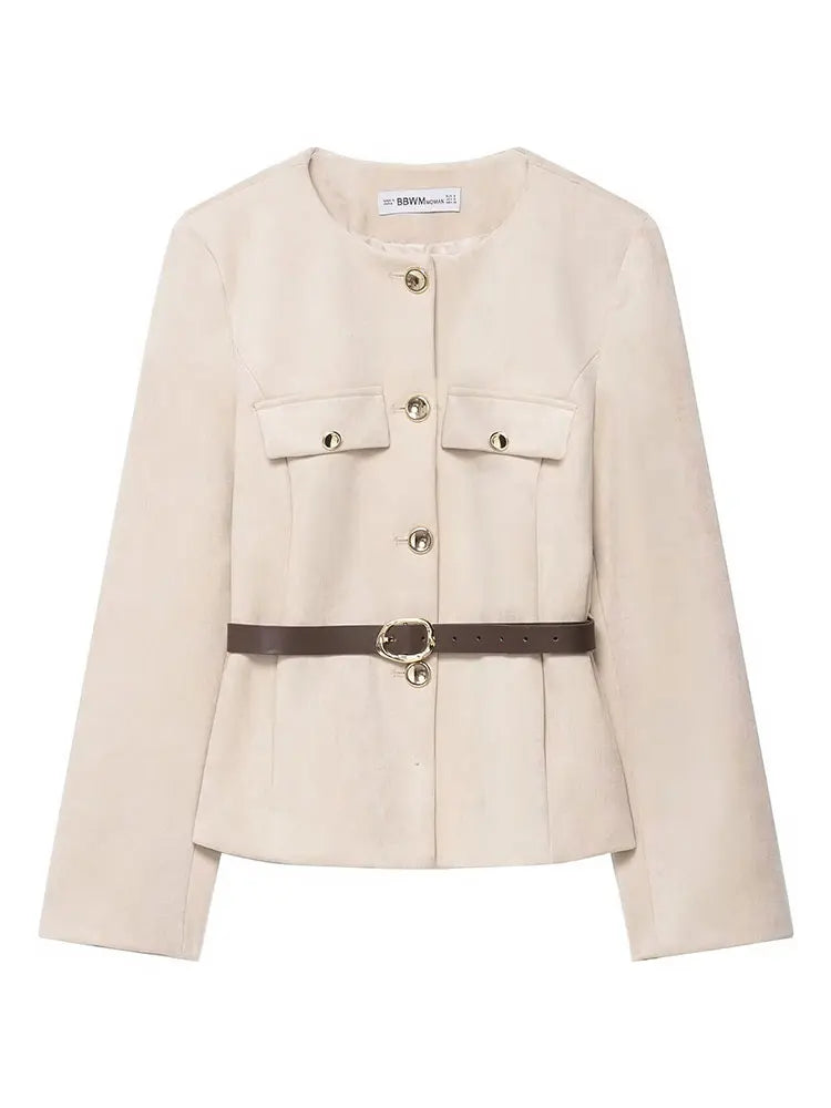 HH Women New Fashion Suede Blazer Coats O Neck Single Breasted Long Sleeve Belt Jacket Autumn Casual Female Y2K Streetwear