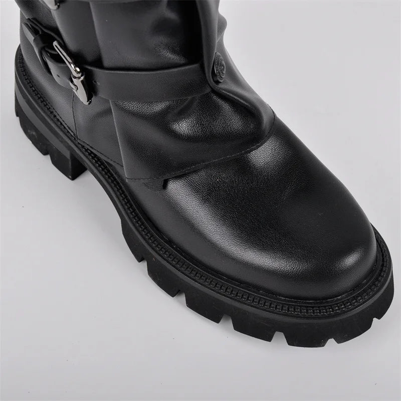 Women Round Toe Black Matte Ruched Knee High Heel Pull on Boots Buckle Strap Punk Boots