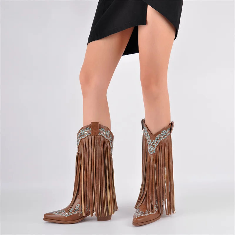 Onlymaker Women Pointed Toe Embroidery Fringe Pull On Retro Western Cowgirl Boots Fringed Chunky Heel Cowboy Boots