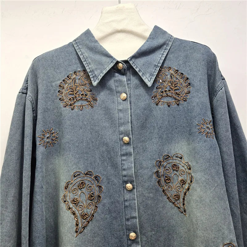 2026 Early Spring New Floral Embroidery Beaded Denim Shirt For Woomen Loose Turn-Down Collar Cardigan Female 11A08741