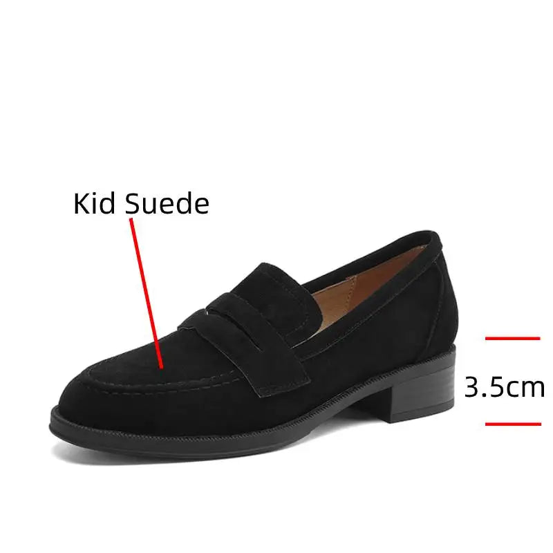 Spring Retro Genuine Kid Suede Loafers Women Slip On Low Thick Heels Pumps Female Comfort Daily Leather  Shoes