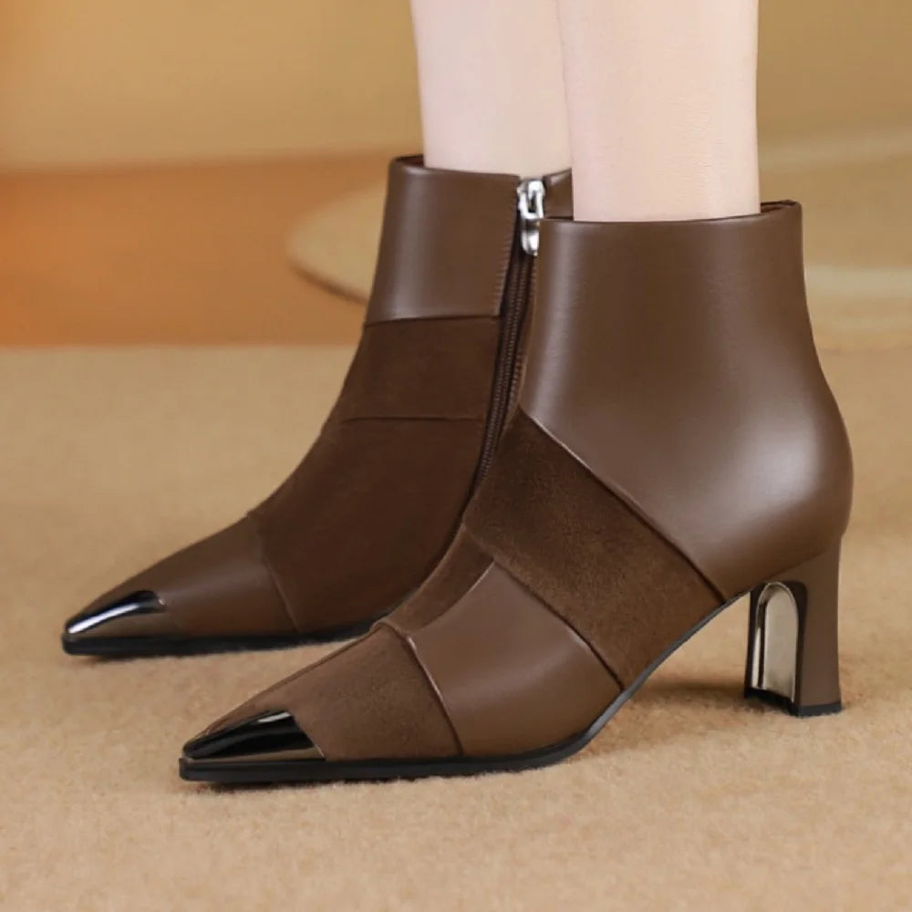 new Handmade cow leather mix color side zip pointed toe short booties high quality soft comfort shoes 34-40
