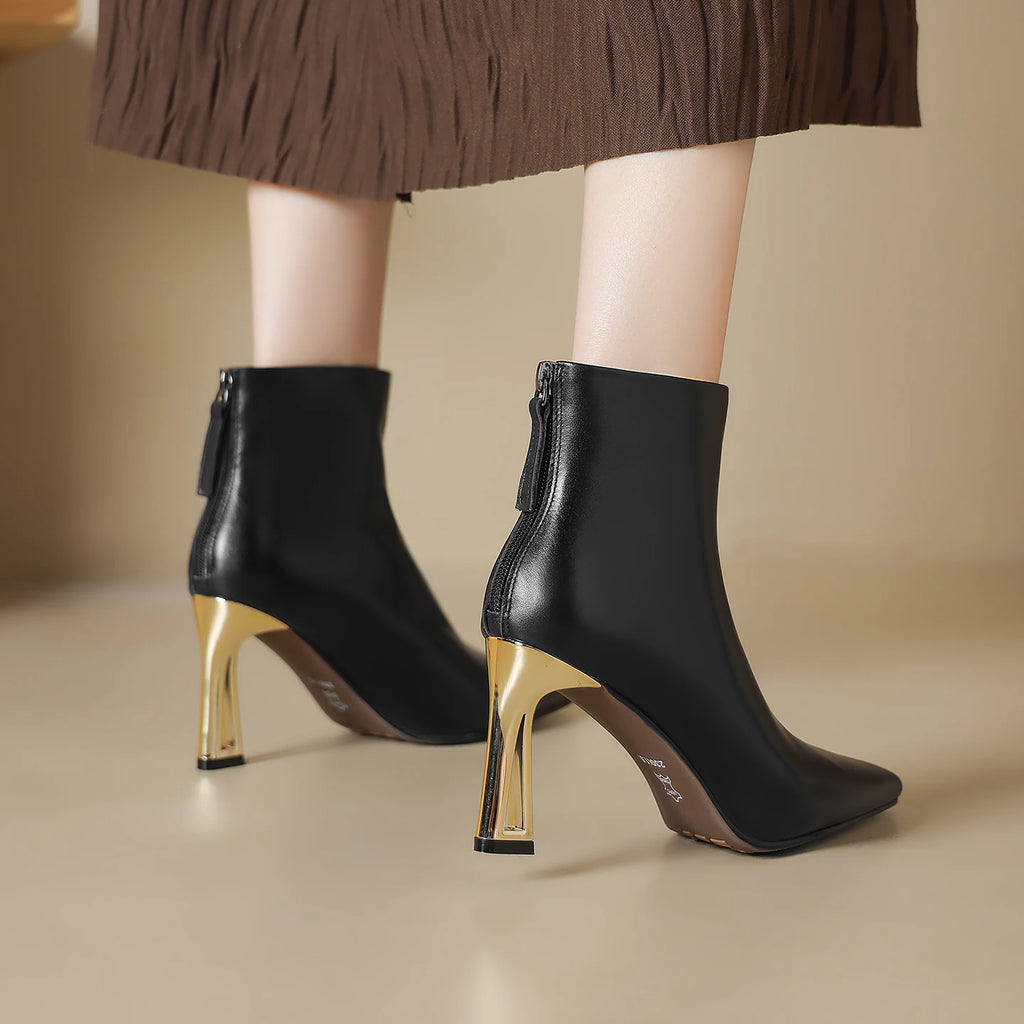Handmade Genuine Leather Pointed Toe High Heels Chic Design Concise Shoe Dress Warm Wedding Ankle Boots 34-40