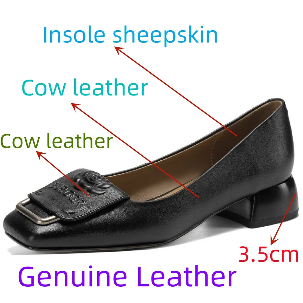 Handmade Genuine Leather Women Soft comfortable Square Toe Dec Mid Thick Heels Office Ladies Dress Shoes Female