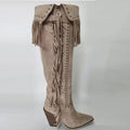 Onlymaker Women Pointed Toe  Fringe Rivet Brown Faux Suede leather Knee High Boots Vintage Side Zipper Fringe boots