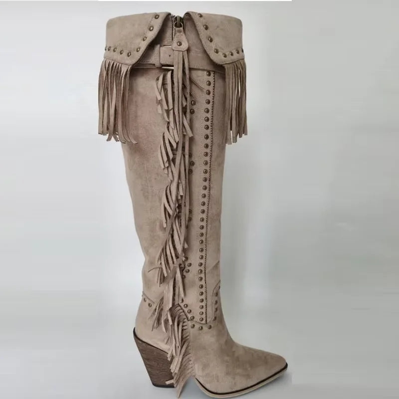 Onlymaker Women Pointed Toe  Fringe Rivet Brown Faux Suede leather Knee High Boots Vintage Side Zipper Fringe boots