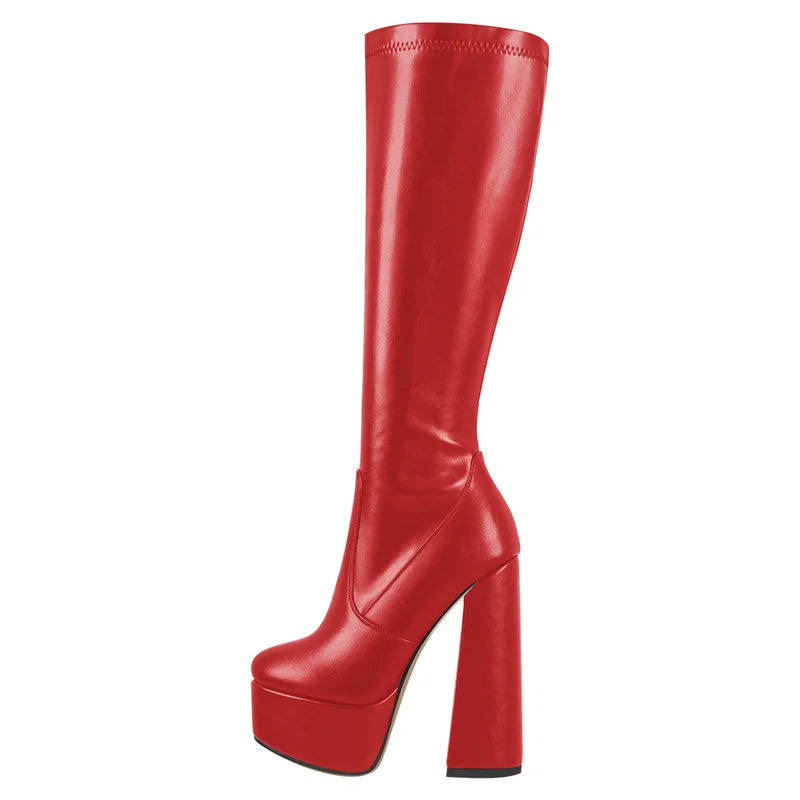 Onlymaker Boots Women Black Platform Chunky Heel Knee High Patent Leather Square Toe  Lady Fashion Boots