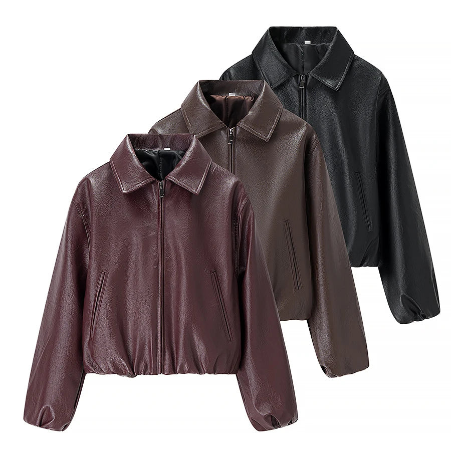 2025 Autumn/Winter New Women's Fashion Style Collar Zipper Long Sleeve Imitation Leather Coat