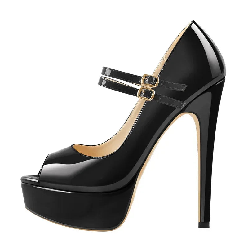 Women Black Platform Peep Toe Mesh Spike Pumps Sandals Thin High Heel  Big Size Buckle Strap Party Shoes