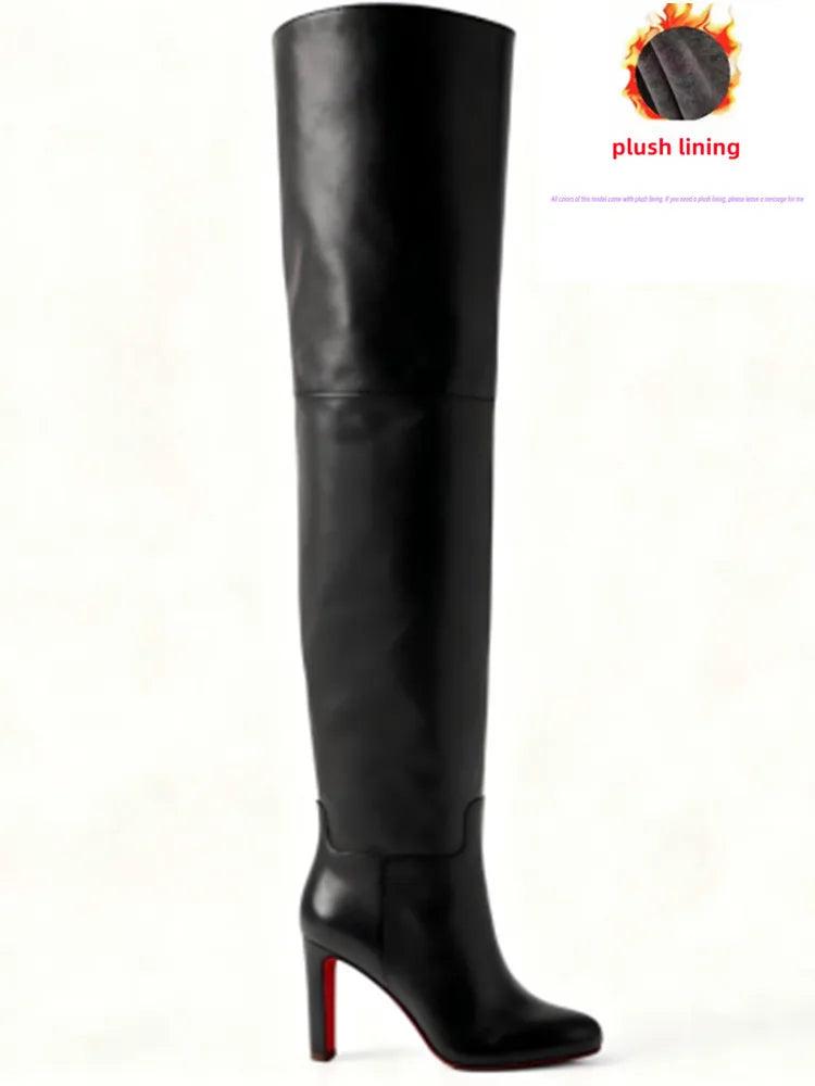 2026 Women's New Black Leather Round Toe Over The Knee Women's Boots, Thick High Heels, Fashionable Size 34-46 Large Women's Boots