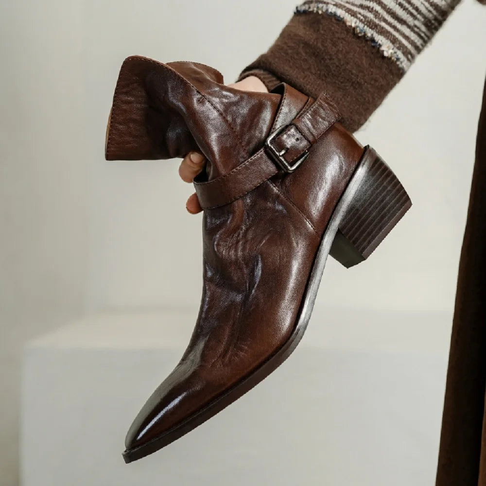 New Quality Women Handmade Genuine Leather Mid Heels Ankle Boots Sexy Square Toe Western Female High Boots 34-40