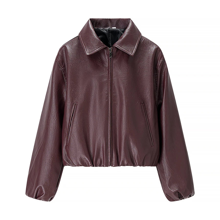 2025 Autumn/Winter New Women's Fashion Style Collar Zipper Long Sleeve Imitation Leather Coat