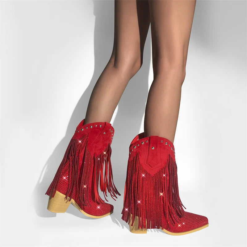 Female Rhinestone Fringe Mid-Calf Cowboy Boots Bling Party Big Size Women Boots