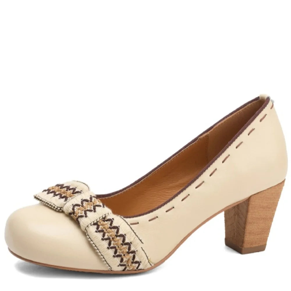 Handmade Genuine Leather Chunky Heel Bow Flats Style Round Toe Shallow Cut Spring New Versatile Shoes Women 34-40
