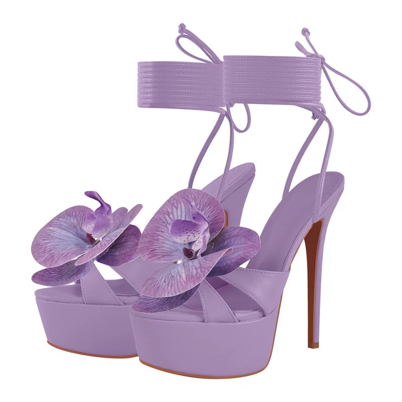 Women Flower Open Toe Pink Platform High Heeled Big Size Women Lace Up Stiletto Sexy Summer Sandals