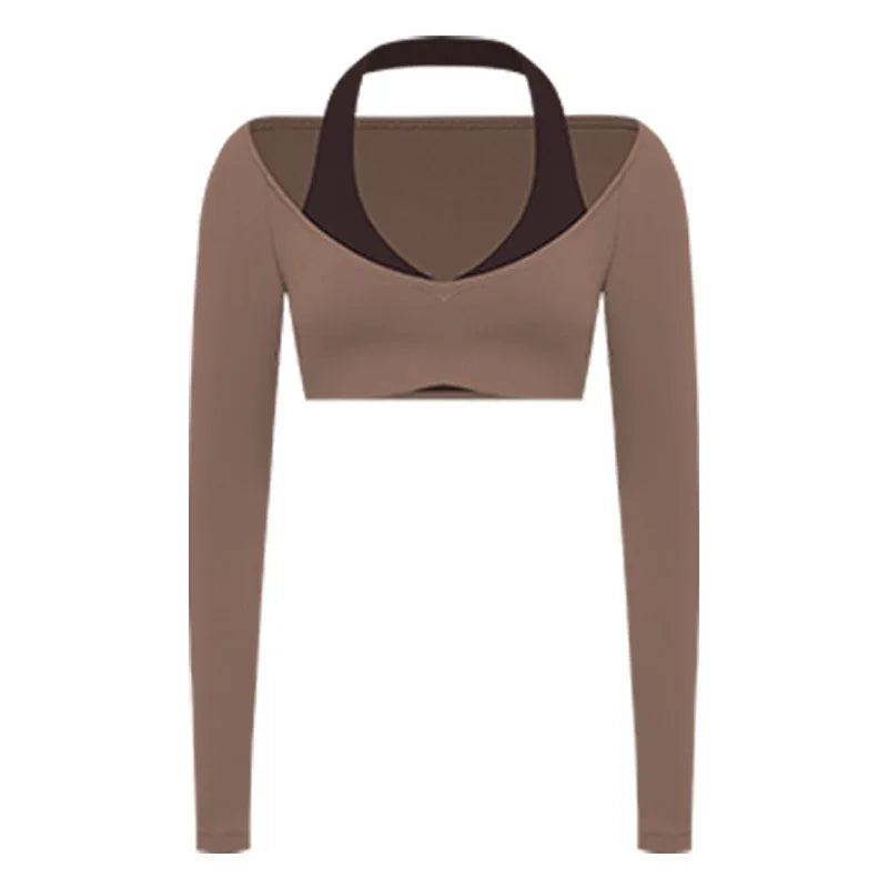 Women's Fake Two-Piece Sports Long Sleeve Halter Neck Pilates Yoga Shirt Slim Fit Fitness Sports Top Leggings Workout Tights
