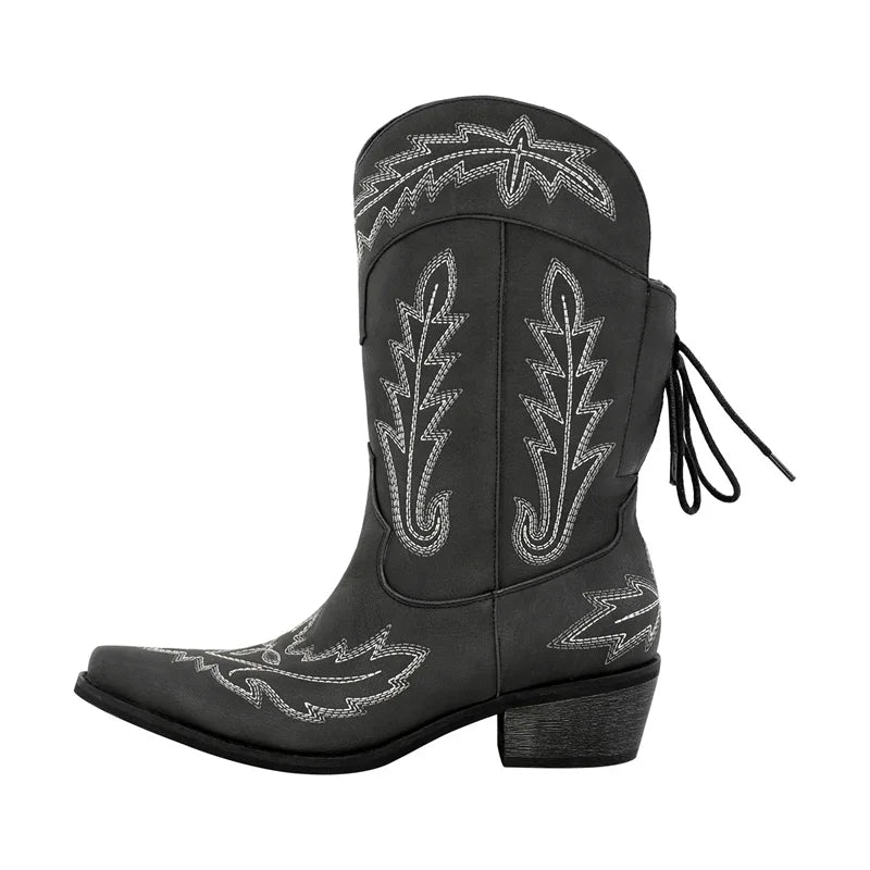 Women Pointed Toe Black Embroidery Western Boots Tapered Heel Round Up  Mid-Calf Western Cowgirl Boots