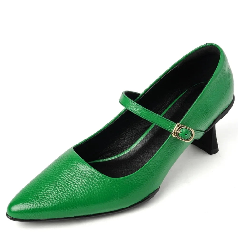 New Handmade Mid Heels Women Shoes Fashion Sexy Cow Leather Party Summer Pointed Toe Mary Jane Shoes Dress 34-40