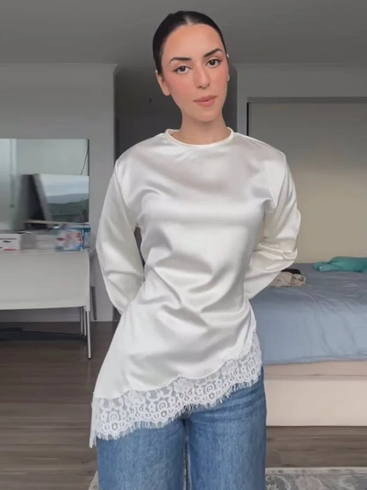 Elegant Solid Lace Trim Satin Blouse For Women Fashion O-neck Long Sleeve Lace Up Waist Tops Lady 2026 Spring Chic Streetwear