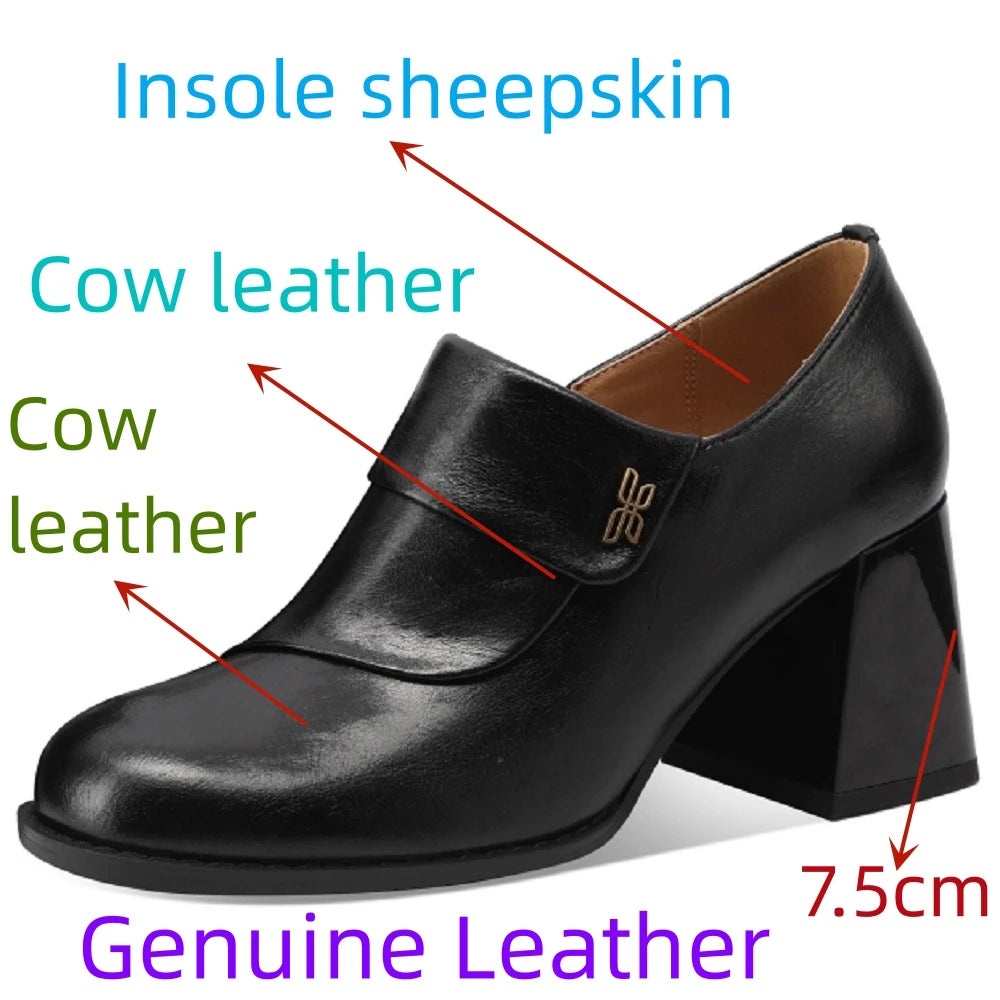 New Spring/autumn Genuine Leather Round Toe Shoes for Women Loafers High Heels Handmade Pumps 33-43