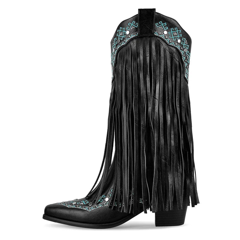 Onlymaker Women Pointed Toe Embroidery Fringe Pull On Retro Western Cowgirl Boots Fringed Chunky Heel Cowboy Boots