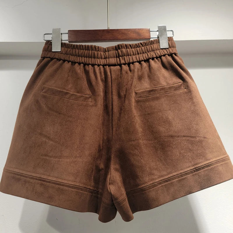 Fashion Loose Zipper Suede Short Coat For Women Drawstring Elastic Wasit Wide Leg Shorts Female Trendy 11A06048
