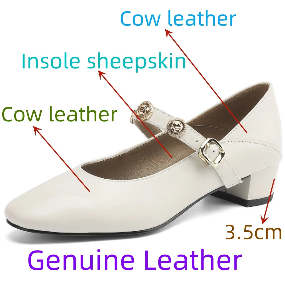 Handmade Genuine Leather Round Toe Med Heels Shallow Mary Janes Rivets Sweet Casual Elegant Luxury Dating 34-41