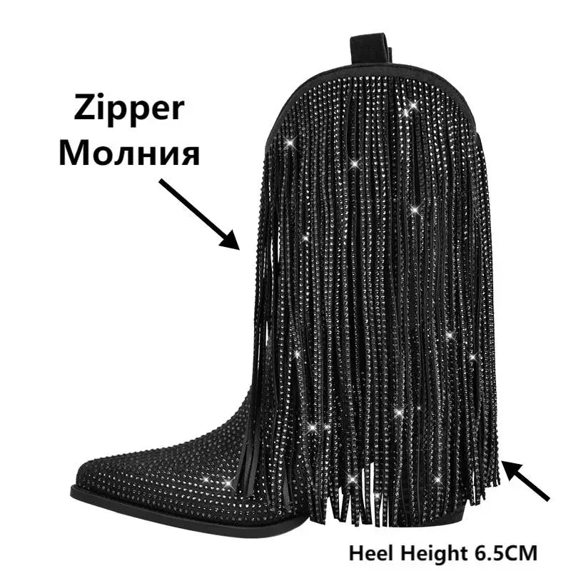Female Rhinestone Fringe Mid-Calf Cowboy Boots Bling Party Big Size Women Boots
