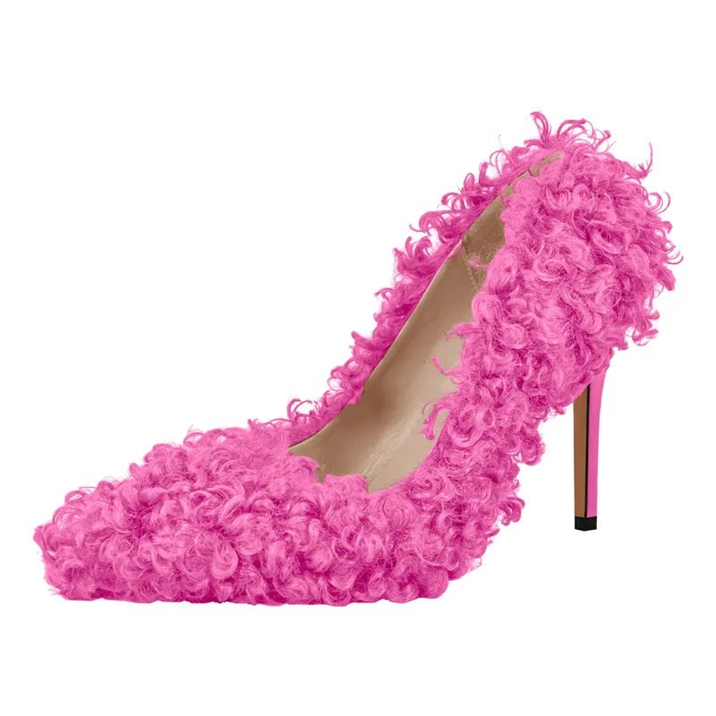 Women Pumps Brown Faux Fur  Pointed Toe 10CM Slip-On Thin Heels Party Wedding Office Lady Big Size Shoes