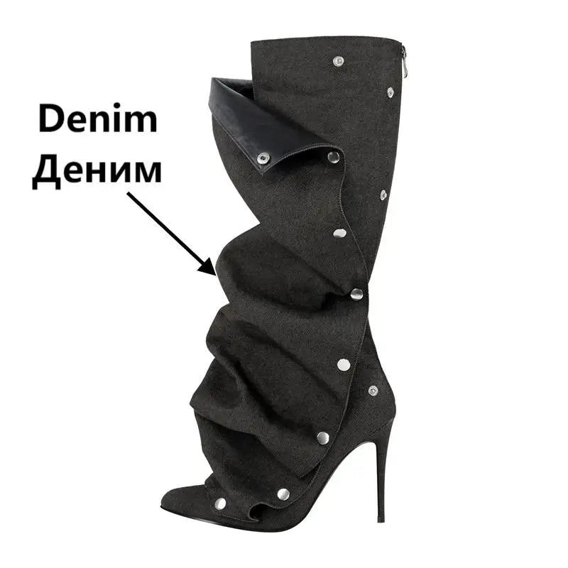 Onlymaker Women Pointed Toe Pleated Thin Heel Knee High Boots Back Zipper Fashion Buttons Stiletto Removable Boots