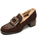 Square Crystal Buckle Women Casual Shoes Round Toe Low Heel Suede Leather Fashion and Comfort Loafers Warm Plush in