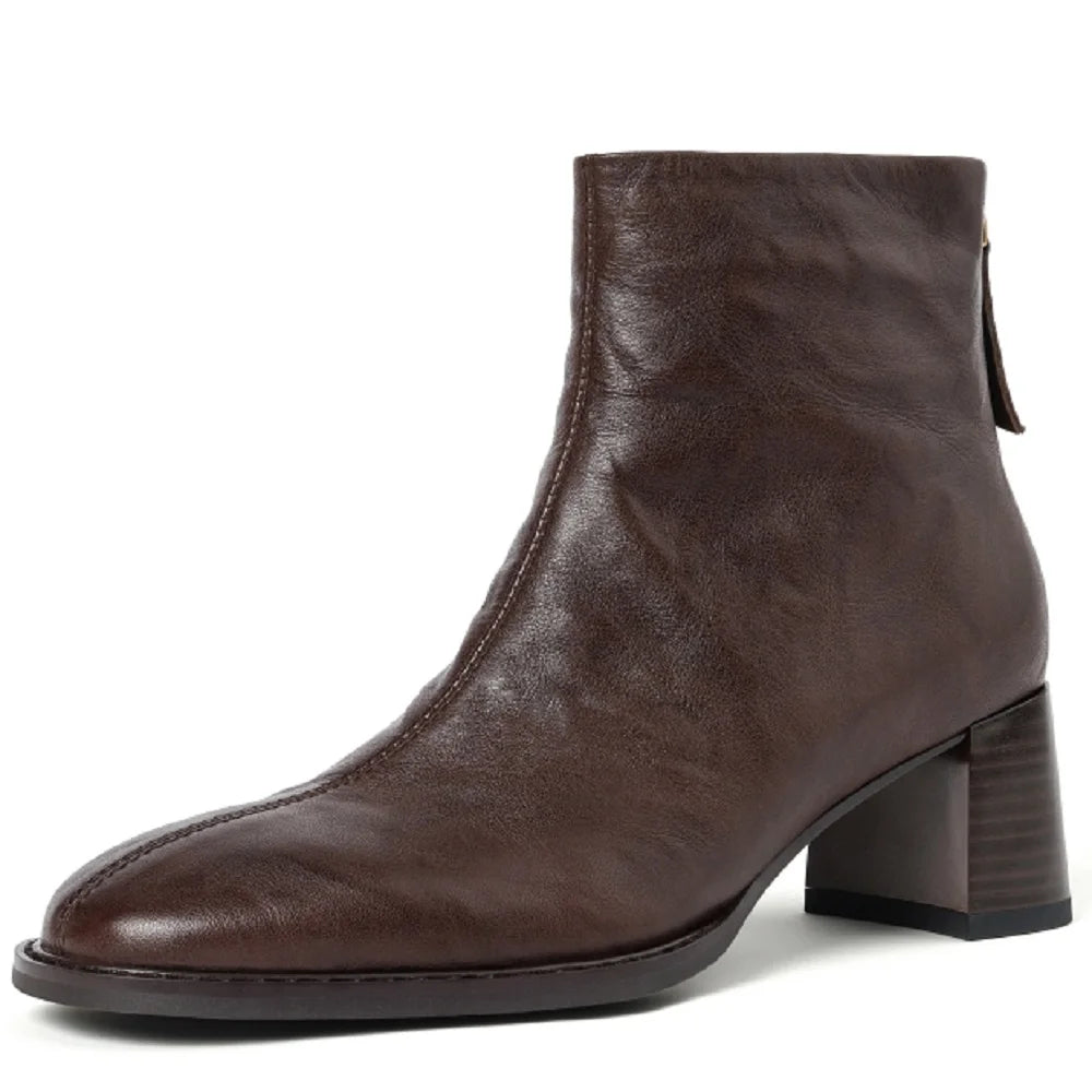 Handmade Genuine Leather Soft and comfortable Ankle Boots Women Booties Chunky Mid Heels Square Toe Shoes 34-40
