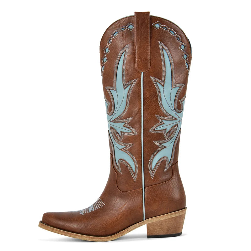 Onlymaker Women Pointed Toe Rivet Pull On Knee High Embroidery Western Cowgirl Boots Chunky Heel Embroidery Cowboy Boots