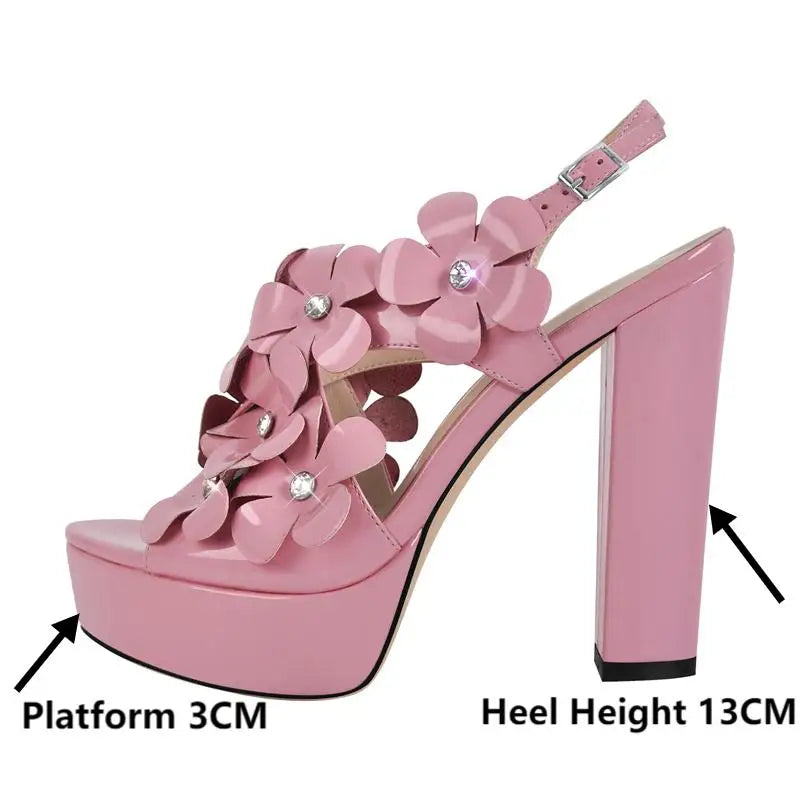 Women Open Toe Pink Patent Leather  Platform Chuncky Heel Ankle Buckle Strap Sandals Big Size Flower Punk Sandals
