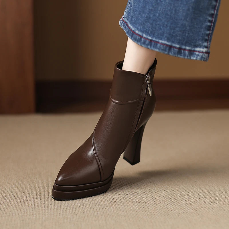Handmade Genuine Leather Women New High Quality Short Ankle Boots Pointed Zipper Thick High Heels Boots 34-40
